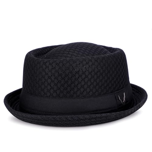 Summer Mesh Pork Pie Hat Trilby Fedora Hat for Men Women Roll-Brim Travel Beach Sun Hat Vintage Bowler Derby Cap UPF 50+ Black