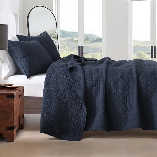 HORIMOTE HOME Navy Quilt Set Queen Size, Lightweight Soft Pre-Washed Microfiber Circle Pattern Bedspread Coverlet, 3 Pieces Quilt Bedding Set with Pillow Shams for All Season, 90x96 inches