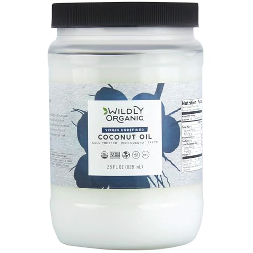 Wildly Organic Virgin Unrefined Cold Pressed Coconut Oil 28 Fl Oz - Organic, Raw, Non-GMO, Vegan, Pet-Safe, Rich Coconut Flavor/Aroma - Perfect for Skin, Hair, Cooking, & Baking - BPA-Free Container