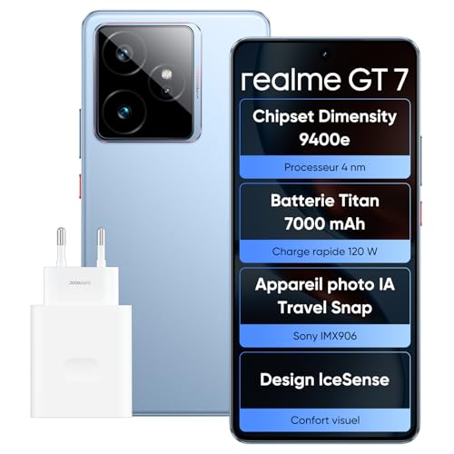 realme GT 7 Smartphone, 5G, Double SIM, 12Go de RAM, 256Go de ROM, écran AMOLED de 6,8, chipset Phare Dimensity 9400e, Batterie Titan de 7000mAh, Appareil Photo 50Mpx, IceSense Bleu,Adaptateur inclus