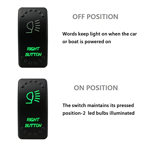 Image of Green Backlit Right Button Rocker Switch 5 Pin ON-Off Laser Etched Button Switch with Wires for Car Marine Boat UTV 20A /12V 10A /24V