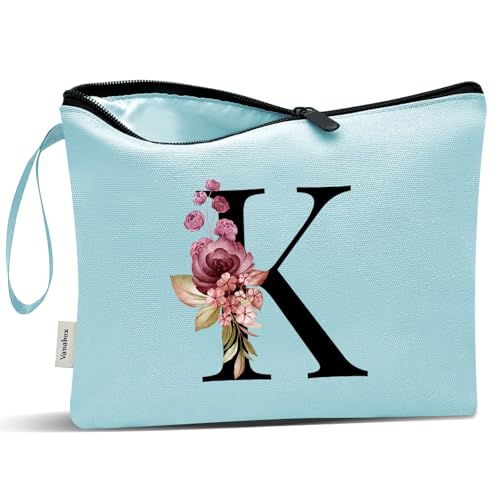 Image of Vavabox A-Z Personalized Makeup Bag, Birthday Gifts for Women Mom, Gifts for Best Friend, Bride Bridesmaid Cosmetic bag (K, Aqua)