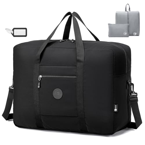 BAGROUPS Handbagage Tas 55x40x20 Ryanair Tui Airways Lufthansa 45L Opvouwbare Reistas Uitbreidbare Weekendtas Trainingszak Grote Waterdicht Nylon Reistas voor Reizen Zwemtas Voor Dames Heren Zwart