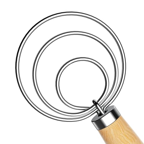 NileHome Dough Whisk, 13-Inch Wooden Danish Dough Whisk Sour Dough Tools with Stainless Steel Dough Hook Bread Whisk for Sourdough, Pizza, Pastry, Cake Batter etc.