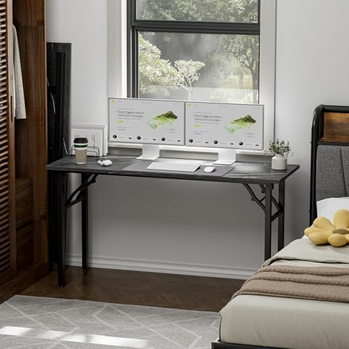 Image of TEMI Small Computer Desk Folding Table - 55.1 inch Foldable Office Desk, No Assembly, Perfect for Small Spaces in Bedroom, or Apartment, Portable Mini Desk or Study Table Compact Design, Marble Greige
