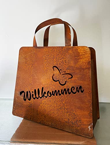 Edelrost Große Handtasche 32x37cm Tasche zum Bepflanzen Willkommen mit Schmetterling Rost Pflanztasche Blumentopf Windlicht von Steinfigurenwelt Cover