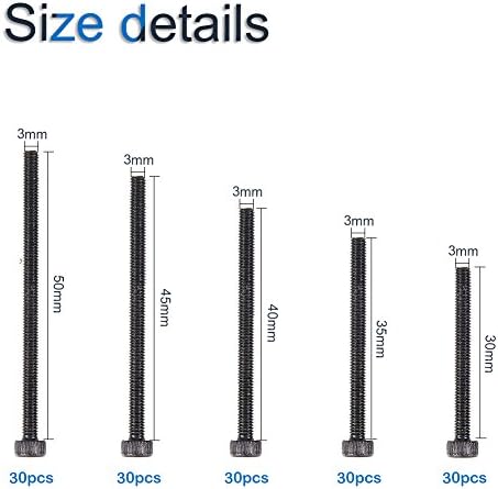 INCREWAY M3 Flat Screw, 150PCS Black Nickel Flat Head Screws M3 Hex Socket Button Head Screw Machine Screws Kit(30/35/40/45/50mm Length)