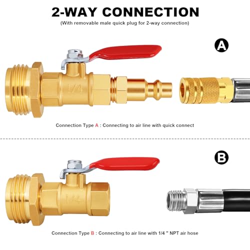 Image of SIGURANTA RV Winterize /Winterization Blowout Adapter - Brass with Ball Valve, 1 /4 inch Male Quick Connect to 3 /4 inch Male GHT Garden Hose Thread