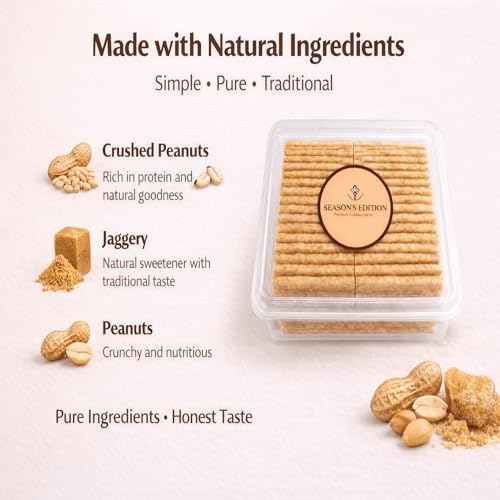 Image of Season's Edition Thin Peanut Chikki-250 gm | Easy to Bite, Soft Crunch, Ideal for Kids & Seniors | Nutritious, Delicious, High Protien, Healthy Gajak Snack with Crushed Peanuts & Jaggery | No Added Preservatives or Colors
