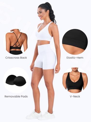 Image of Sunzel Strappy V Neck Criss Cross Back Sports Bra for Women | Removable Pads, Buttery Soft, Four-Way Stretch, Criss Cross Back, V Neck Contour Fit, Medium-Light Support, Yoga Workout Gym