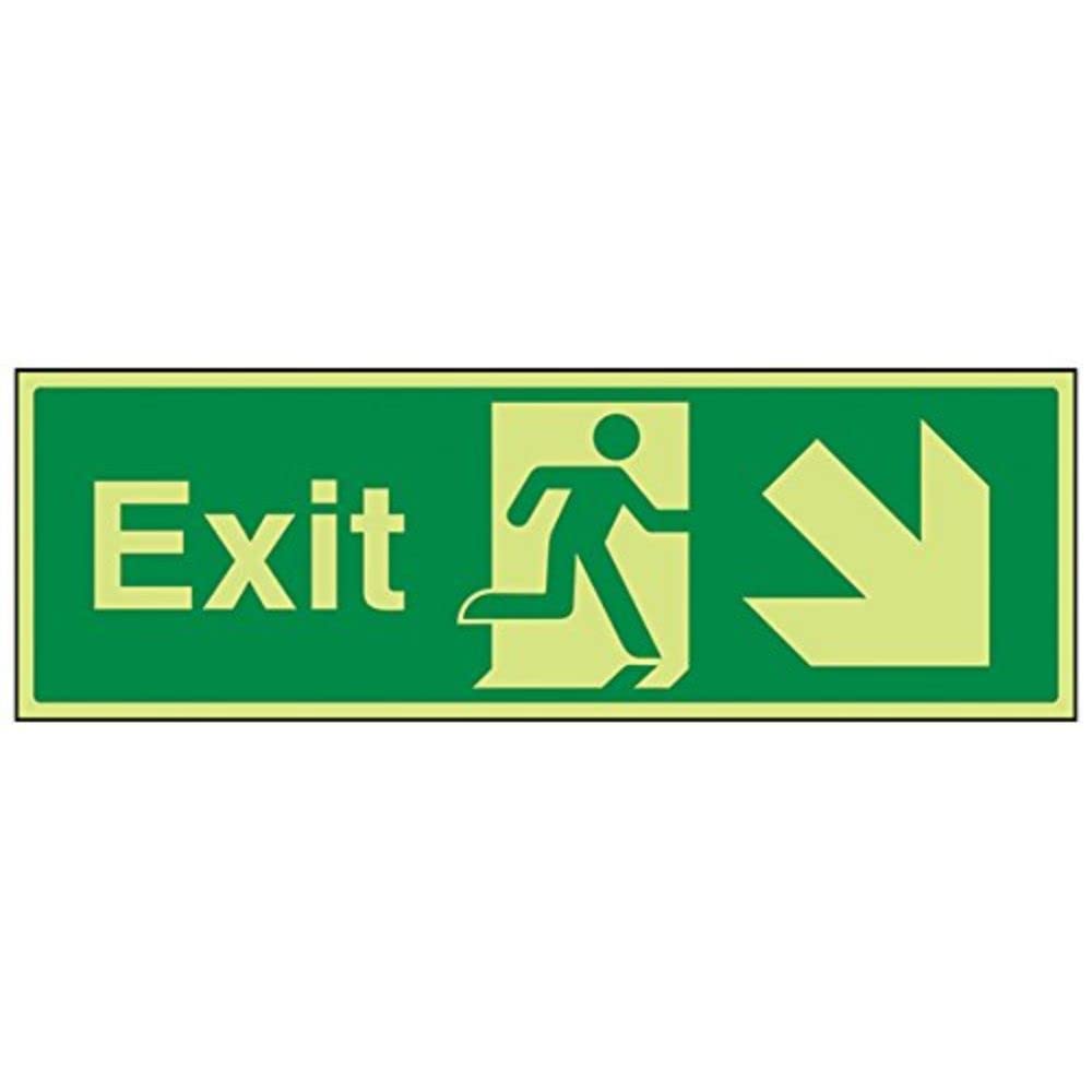 VSafety 21006BJ-G"Arrow Down Right Safe Condition Exit" Sign, Glow In Dark, 1 mm Plastic, Landscape, 450 mm x 150 mm, Green