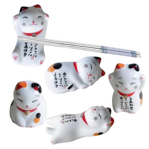 SHOPSTICK POSTER | Ceramic Mignon Cat Bopsticks Rest Dinner Spoon Stand | Stand de vaisselle en porcelaine de style japonais | 5pcs Bopsticks ménagers Reposez les ornements pour baguettes, cuillères,