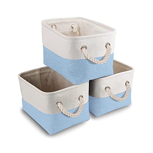 Mangata 3 Stück aufbewahrungskorb Stoff, Faltbare aufbewahrungsbox Schrank, Korb aufbewahrung Stoff mit Baumwolle Seil für Spielzeug, kleiderschrank, Regale, Kleidung (Blau Grau/Weiß, Klein)