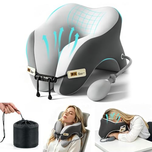 Desk Pillow for Napping, Neck Pillow for Office Chair Headrest, Neck Support Pillows for Desk Sleeping, Inflatable Neck Pillow for Work/Travel/Airplane, Face Down Pillow, Adjustable Height (Grey)