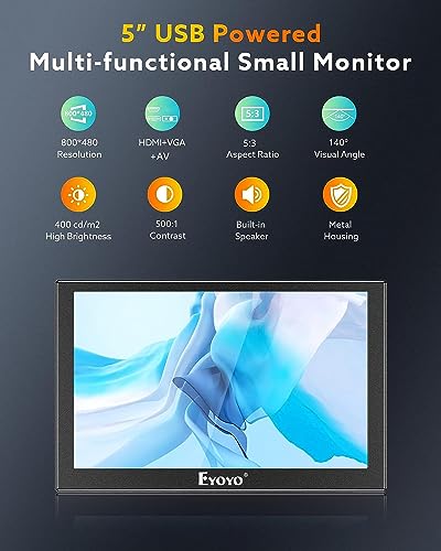 Image of Eyoyo 5 inch Monitor, 800x480 Mini TFT LCD Screen Small Camera | Video Monitor 1 /4 Screw Hole with HDMI /VGA /AV Video Input for Car PC DVD DVR CCD DSLR-140 Wide Angle Metal Housing