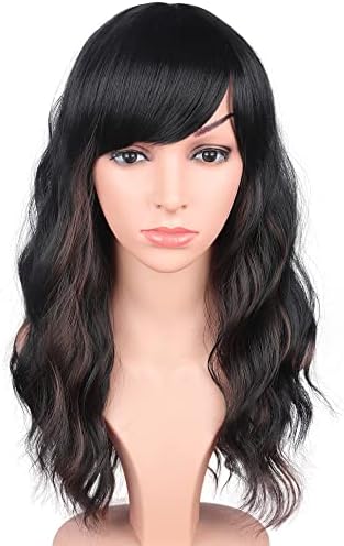 SYMEIW Black Wavy Wigs With Brown Highlights For Black Women Synthetic Black Hair Wigs Medium Long Black Wigs Heat Resistant Wigs Daily Use Wigs 16 Inches.(Black With Brown Highlights)
