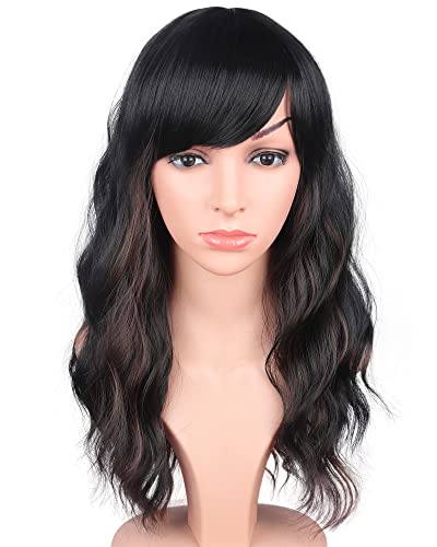 Black Wavy Wig With Brown Highlights For Women - Medium Long Synthetic Wig With Bangs For Daily Use (Black With Brown Highlights)