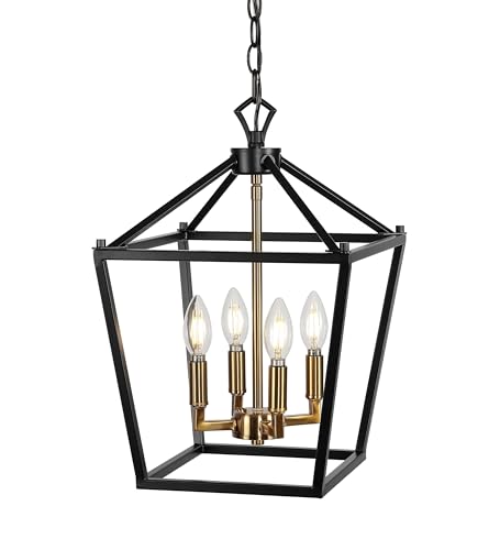 Image of JONATHAN Y Pagoda 4-Light Pendant 12 inch Cage, Oil Rubbed Bronze /Brass Gold | Traditional Metal Farmhouse Hanging Lantern Ceiling Fixture, Adjustable Chain Link, For Kitchen Island, LED Bulb Included