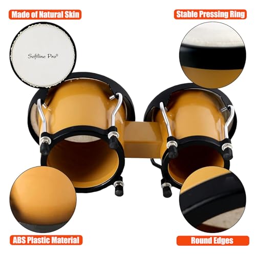 Image of Softline Pro Bongo Drum Set with Tuning Wrench & Padded Professional Wooden Percussion Instrument for Beginner Adults Kids - Natural Skin (CARAMEL ABS)