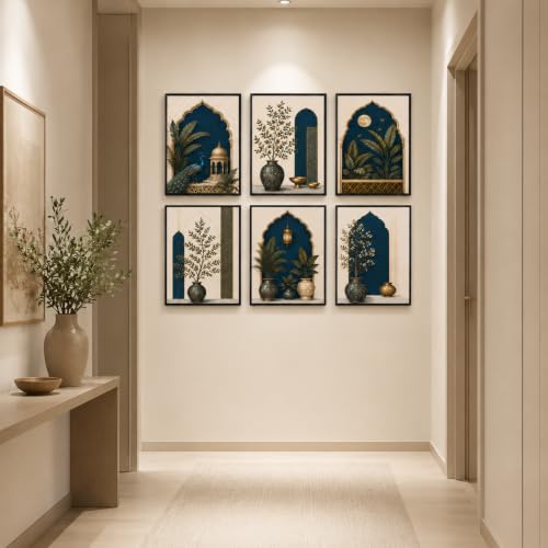 Image of Artsense Mughal Botanical Wall Art Set of 6 | Royal Peacock Arch Floral Decorative Paintings | Traditional Indian Palace Aesthetic Wall Decor for Living Room Bedroom Office