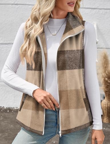 Rapbin Women Casual Sleeveless Plaid Zipper Christmas Vest Cardigan Jacket with Pockets - Thumbnail 3