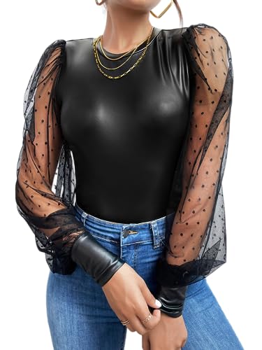 WDIRARA Women's PU Leather Polka Dots Sheer Mesh Puff Long Sleeve Slim Party Top Blouse