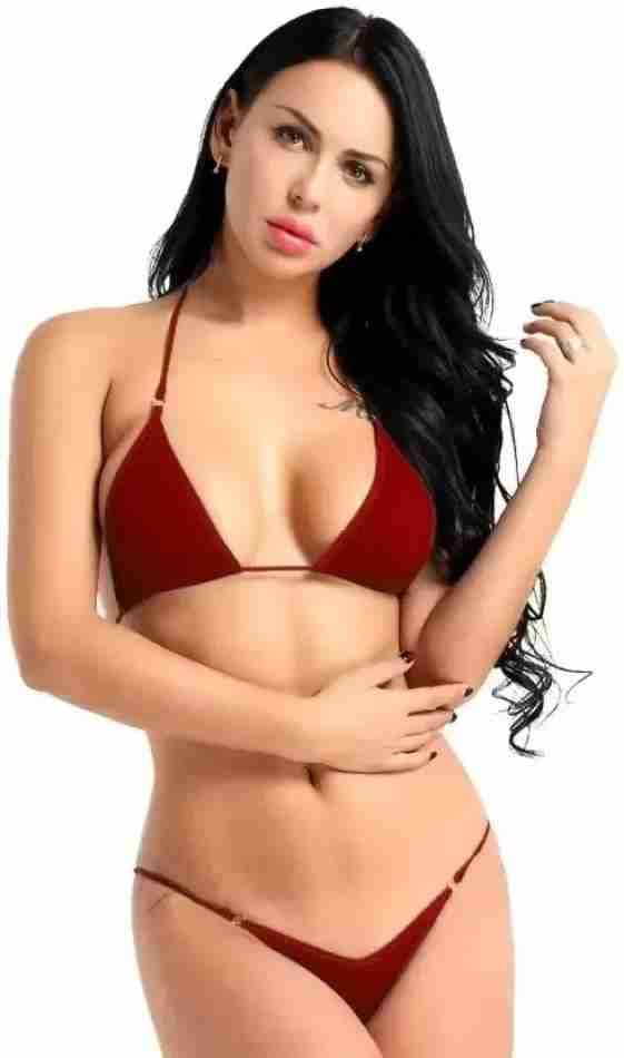 Newba Women's Poly Cotton String Two Piece Halter Top Triangle Bikini Set with Tie Side Bottom Sexy Swimsuit