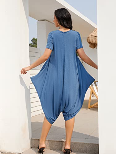 Double Chic Women's Short Sleeve Jumpsuits Casual V Neck Summer One Piece Harem Romper With Pockets Back Zip #TOP5