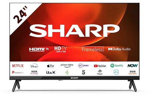 SHARP 24FH6KA 24-Inch HD Ready Smart Frameless Android TV™ in Black with Active Motion 400, HDR10 Support, Chromecast, Google assistant, DTS VirtualX Freeview Play, Pre-Installed Apps, 3x HDMI, 2x USB