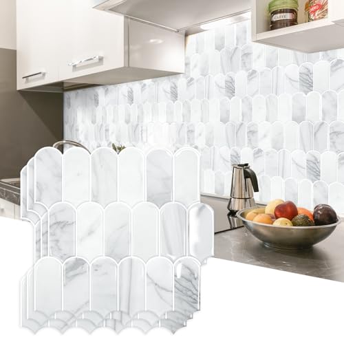Vamos Tile Upgraded Thicker Design Peel and Stick Backsplash Tile, 10-Sheet Statury White with White Grout Self Adhesive Vinyl Wall Tiles, Stick on Backsplash for Kitchen, Bathroom,RV,Pantry