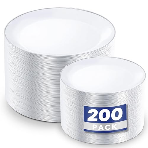 KIRE 200PCS Silver Plastic Plates - White Plastic Plates with Silver Rim Include 100 Dinner Plate and 100 for Dessert/Salad Plate for Birthday/Wedding/Party