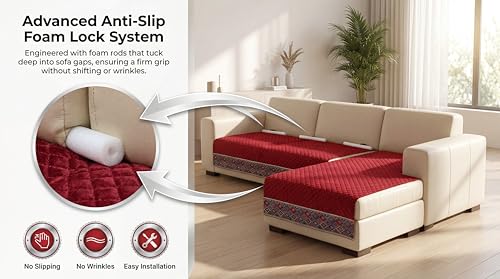 Image of KINGLY Sofa Cover 3 Seater Fully Covered | Stretchable Anti-Slip Slipcover | Washable Furniture Protector | Maroon | Seat & Back | Set of 2Pc