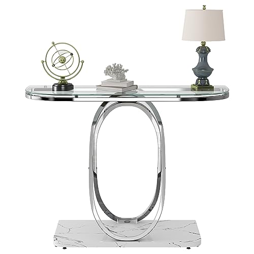 O&K Furniture Glass Console Tables For Entryway,Silver Entryway Table With Oval Frames And Marble Base,Chrome Entrance Table Glass Sofa Table For Living Room,Hallway,Silver Glass&White Faux Marble thumb #5