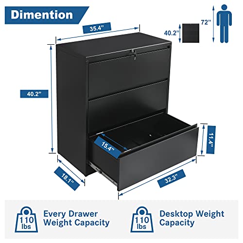 Wiilayok Lateral File Cabinet With Lock,3 Drawer File Cabinet For Home And Office, Organizer Storage Lateral Locking Filing Cabinet, Black #TOP2