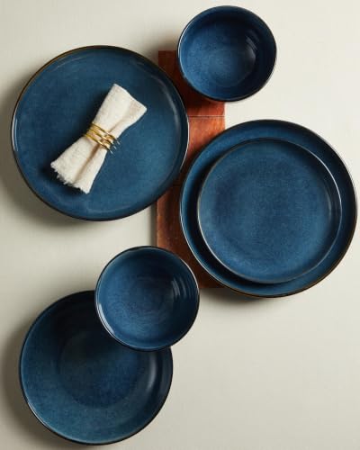 Image of Pokini Stoneware Dinnerware Sets for 4, 16pcs Plates and Bowls Sets Dishes | Reactive Glaze Ceramic Dish Set, Microwave & Dishwasher Safe, Highly Chip and Crack Resistant Dishware sets, Starry Blue