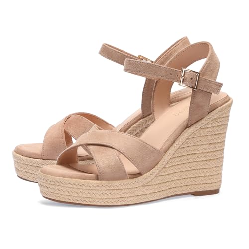 VICKI·VICKI Wedge Sandals for Women Wedges Heels Platform Espadrilles Dress Summer Comfortable Shoes Nude Apricot Size 8