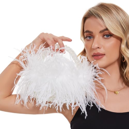 Image of Miuco Real Natural Ostrich Feather Beaded Handbags For Women Handmade | Evening Bags Clutch Purse