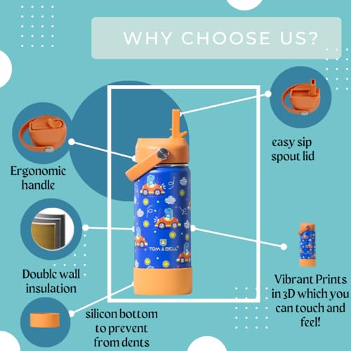 Image of TOM & BELL Insulated Water Bottle for Kids 500ml,Double Wall Water Bottle for School, Sipper Bottle,Hot and Cold, Premium 304 Stainless Steel. (BlueDino, 500ml)