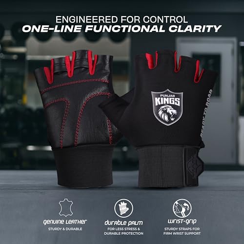 Image of Nivia X Punjab Kings Scorpion Gym Gloves - Leather Palm Grip, Wrist Support Strap, Padded Protection for Weight Training & Workouts, Large