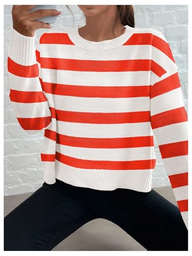 Image of WDIRARA Women's Striped Drop Shoulder Pullover Sweater Crew Neck Loose Knitted Sweater Orange White Medium