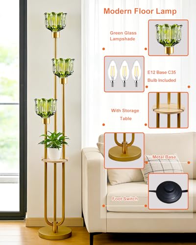 Image of Lightdot Glass Floor Lamp for Living Room 3-Lights Modern Gold Floor Lamp with Green Glass Shade 3000K Bulbs Included Unique Tall Standing Lamp with 5Lb Heavy Base for Bedroom /Sofa Beside /Corner Decor