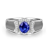 Beydodo Anillos de compromiso de oro de 18 quilates, anillo de boda para hombre, banda ancha con zafiro azul ovalado y diamante, talla W 1/2