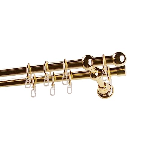 Garesa Gardinenstange Andrea Ø 20mm, 2-läufig, Messing I Stabile Vorhangstange inkl. Ringe + Faltenlegehaken I Mit Endknopf Kugel kurz I 190cm