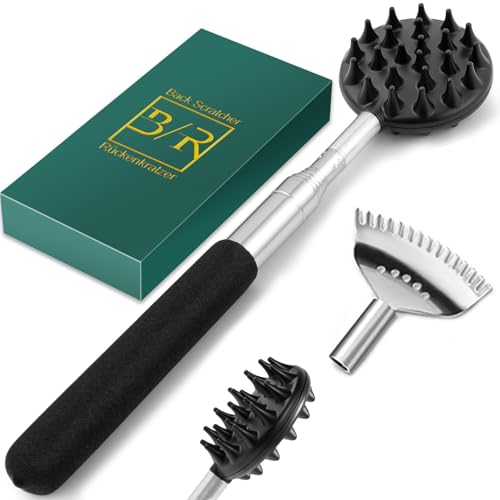 VOMEP Rascador de espalda con 4 cabezales desmontables, portátil, extensible, regalos para mujeres y hombres, relleno de calcetines, masajeador de metal de acero inoxidable para rascar (negro)