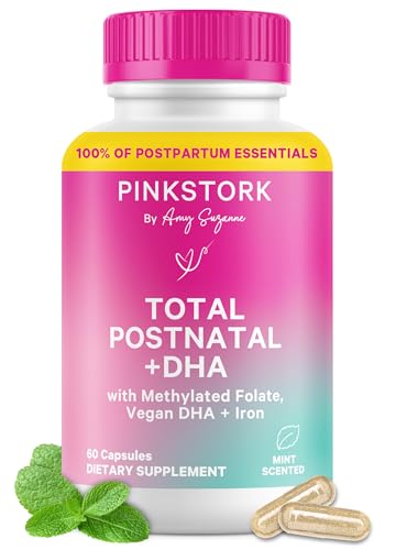Pink Stork Total Postnatal Vitamins for Women | Vegan DHA, Methylated Folate, Iron, + Vitamin B12 | Postpartum Recovery Essentials + Breastfeeding Support | Mint, 1-Month Supply