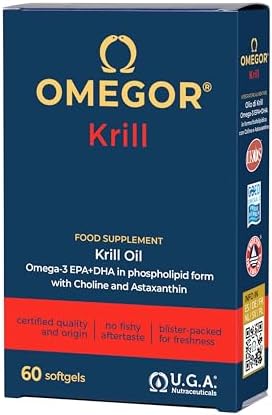 Olio di Krill Omega 3 Puro - OMEGOR Krill 60 Capsule Ricco di Omega-3 EPA e DHA - Senza Retrogusto e Facile da Digerire
