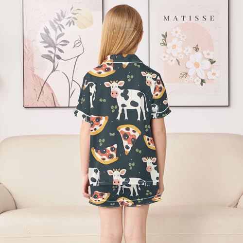 ALAZA Cow Pizza Cartoon Pajamas Satin Pajama Set Short Sleeve Button Down Sleepwear4
