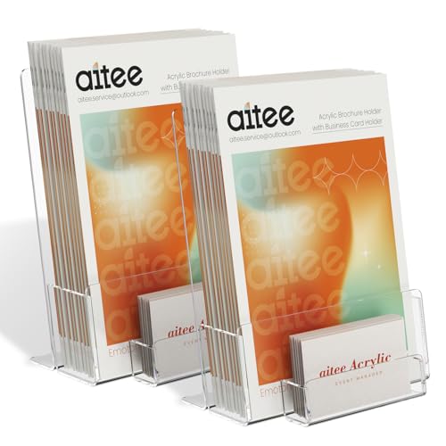 AITEE DIN A5 Tisch-Prospektständer: 2 Stück Acryl Transparenter Flyerständer mit Visitenkartenhalter Freistehende Prospekthalter für Counter Büro Restaurant Rezeption