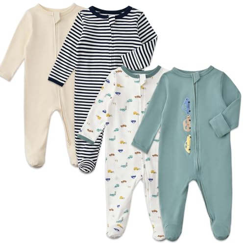 Image of Aablexema Baby Pajamas with Mitten Cuffs Zipper 4-Pack Infant Newborn Cotton Long Sleeve Footie Outfit