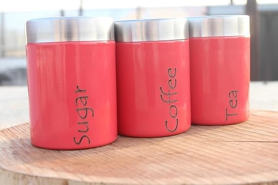 Image of Tea Sugar Containers Set of 2 - Steel Container for Storage - Tea Sugar Jar (Tea Coffee Sugar (Pink))